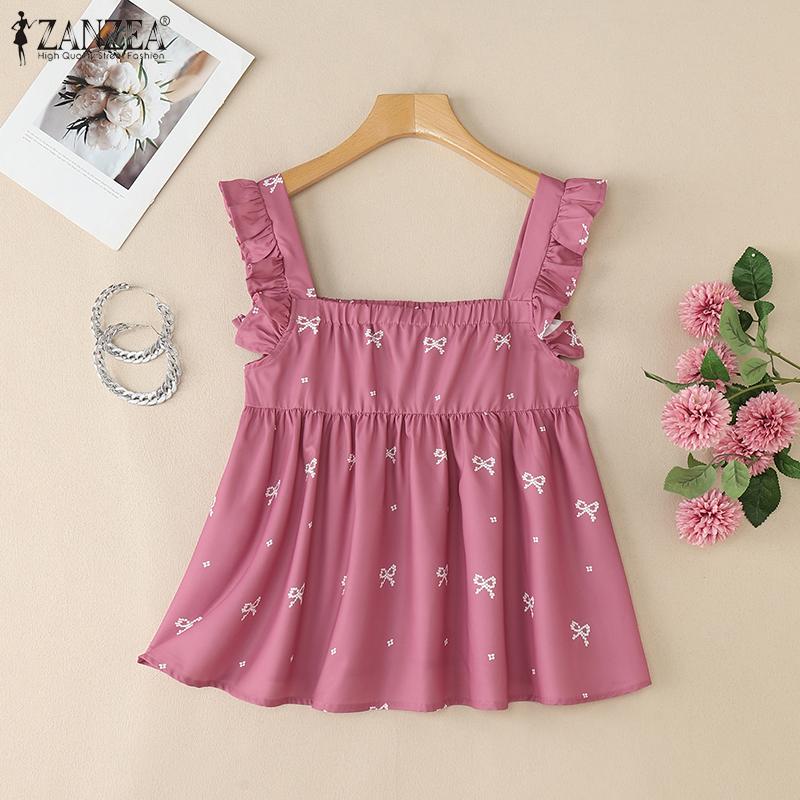 ZANZEA Women Casual Square Collar Bows Print Summer Sleeveless Tank Tops