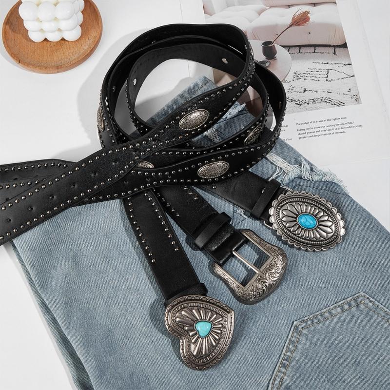 Studded Punk Style Belt Adjustable PU Leather with Charm Heart Buckles for Men Women Fashion Accessories