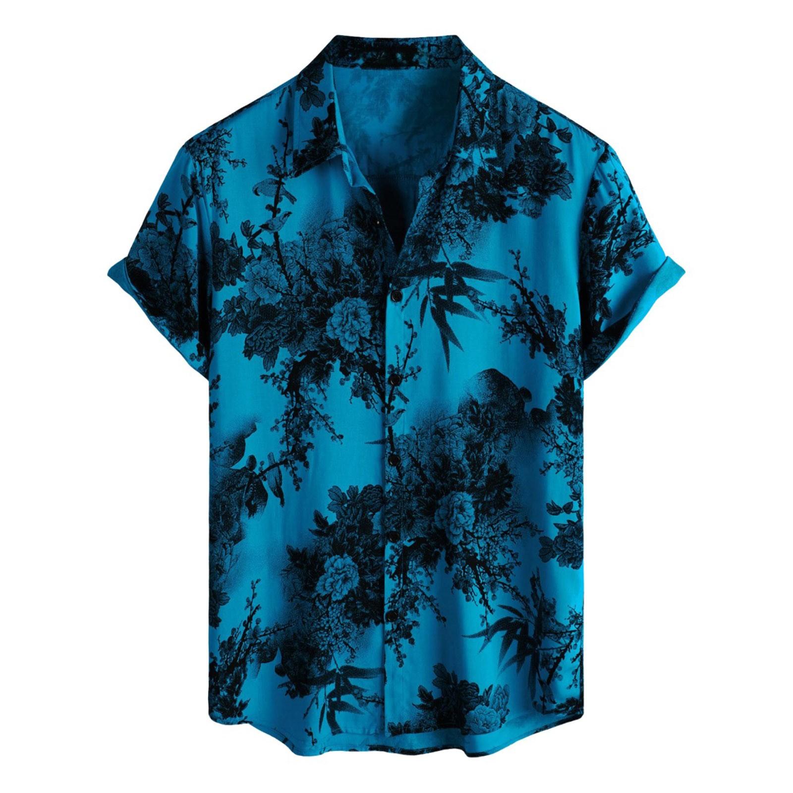 

Мужская рубашка с коротким рукавом, повседневная модная принтованная рубашка на пуговицах, кардиган с нагрудным карманом M синий