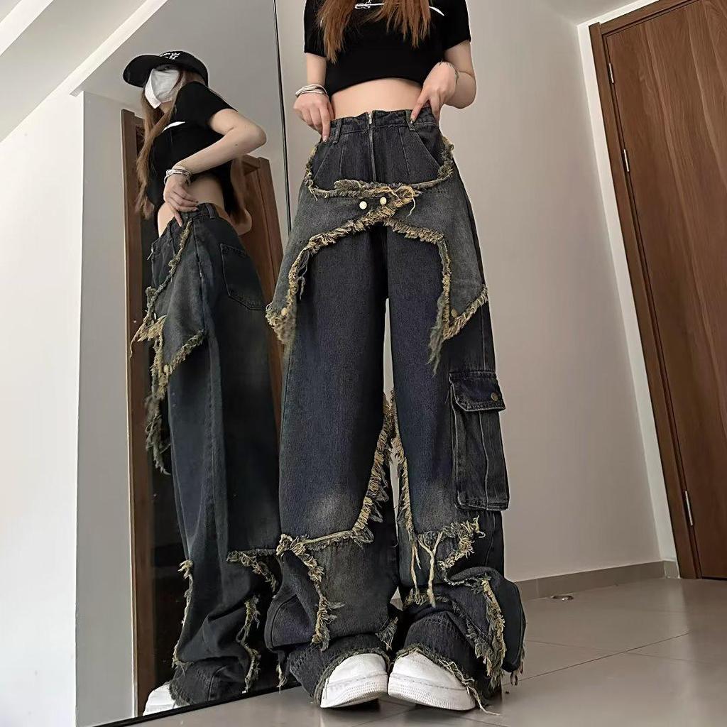 Damen Retro Lockere Schlanke Jeans - Frühjahrsdesign mit roher Kante, geradem weitem Bein und trendigen Mop-Hosen