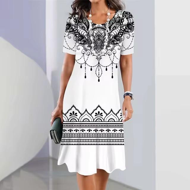 Elegantes Damen-Sommerkleid mit 3D-Geometrie-Streifenmuster, kurzärmelig