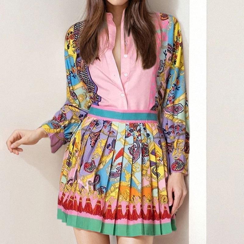 Dámská košile s dlouhým rukávem s potiskem přes hranice a plisovaná sukně dvoudílný set