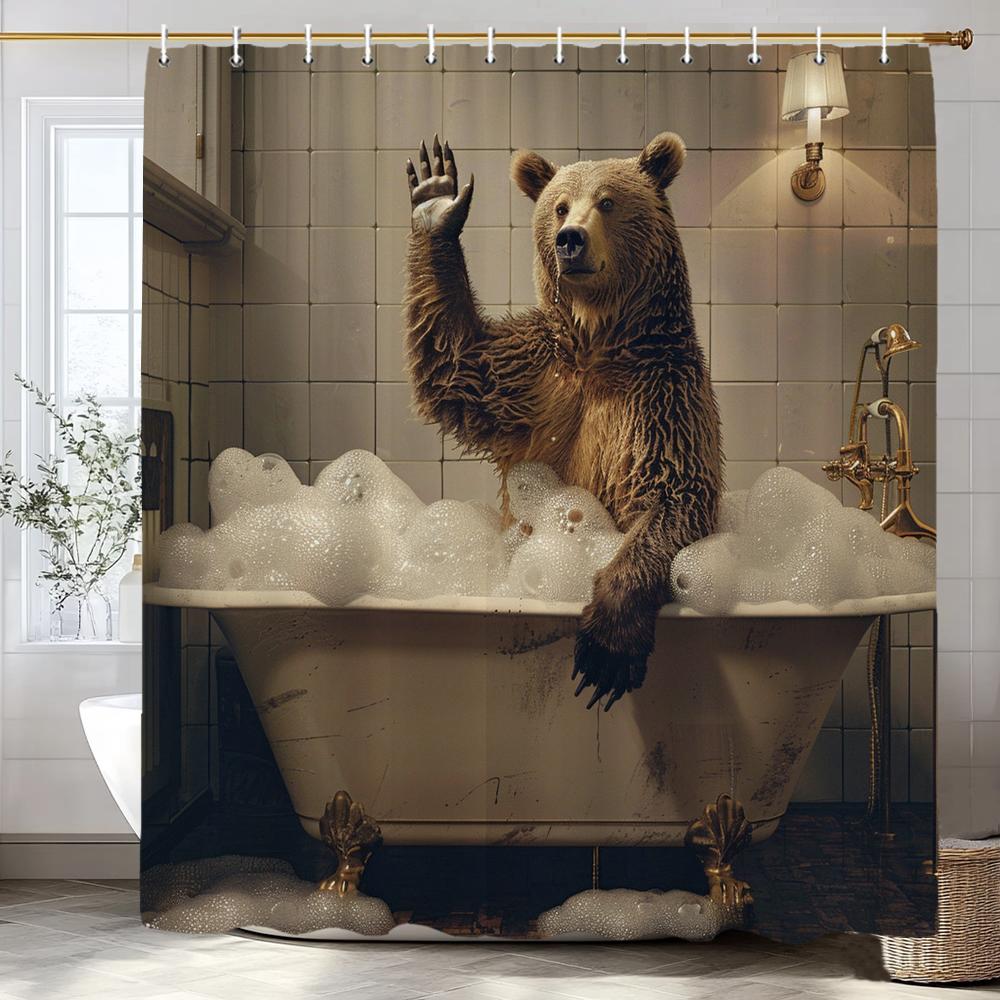 Cute Brown Bear in Bath Shower Curtain, Bathroom Decorative Shower Curtain, Waterproof Shower Curtain with Hooks
