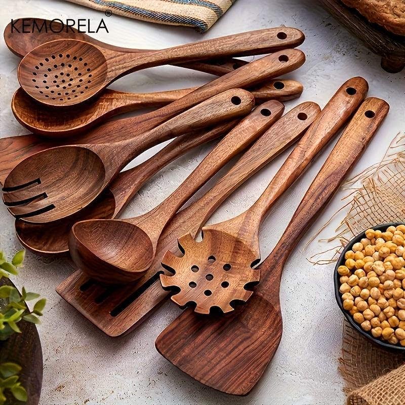 KEMORELA 10PCS Natural Wooden Spoon Set Cooking Utensils for Salad Soup Noodles Kitchen Utensil Kit with Spoons Ladles