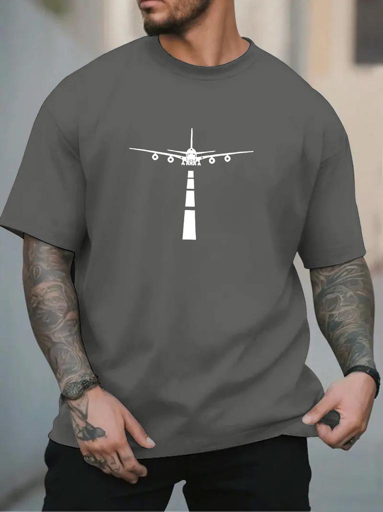 Unisex O Neck Tee Airplane Runway Silhouette Graphic Print Cotton Short Sleeve Loose Summer Breathable Daily Casual Basic Wear Top