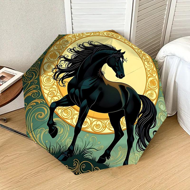 Black Horse Elegance: Luxury Umbrella with Intricate Floral Design   Auto Open/Close, Outdoor Protection, Travel Accessory, Lightweight & Durable 104