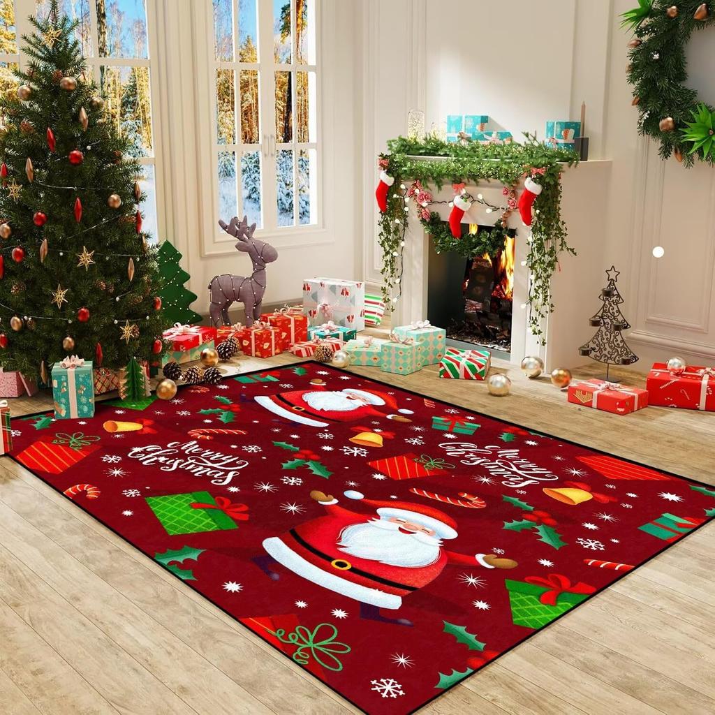 Christmas Santa Claus Rug Extra Large Area Rug for Living Room Bedroom Office Non-Slip Washable Red Carpet Throw Rug Winter Room