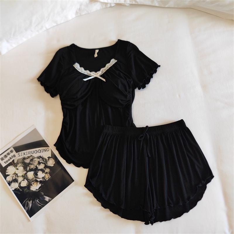 Women's Modal Pajama Set: Summer Short Sleeve & Long Pants with Chest Pad