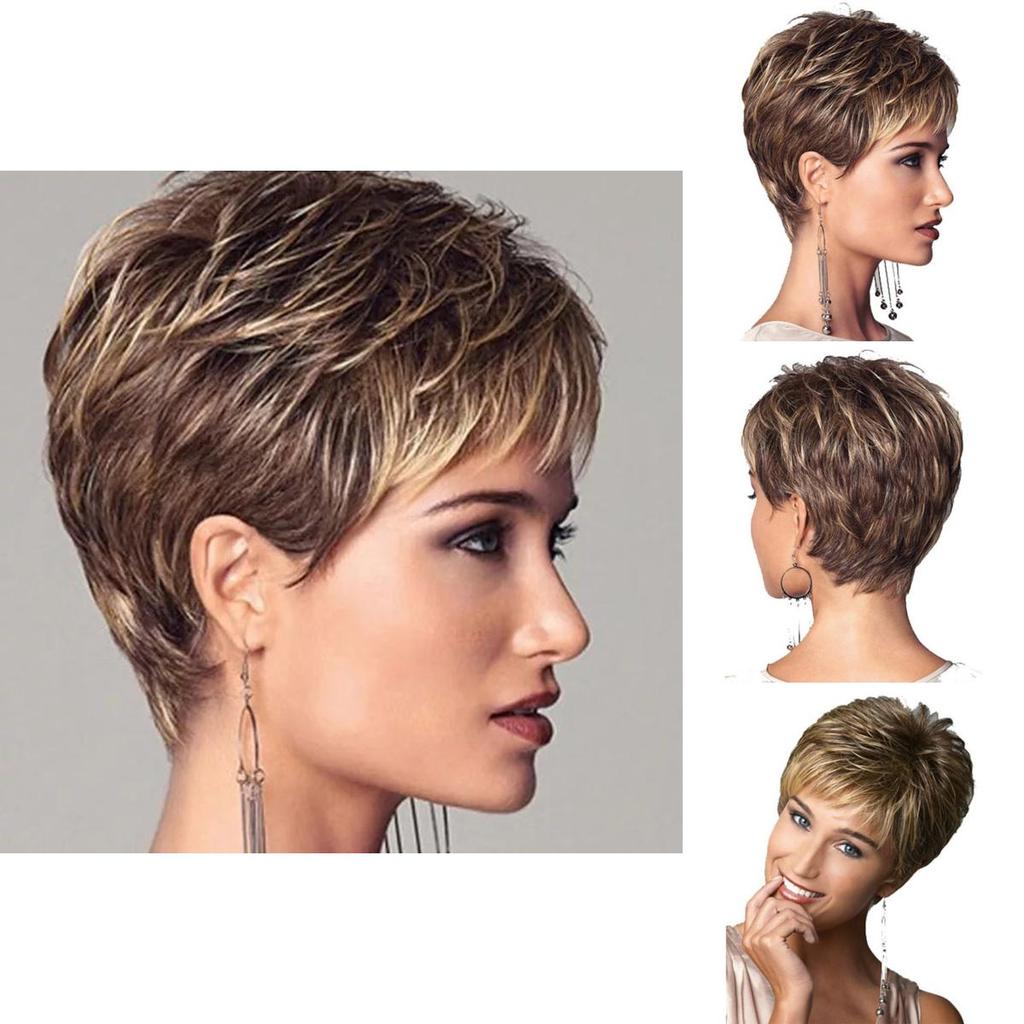 Stylish Ladies Curly Brown And Golden Short Wavy Wig With Natural Bangs For Fashion