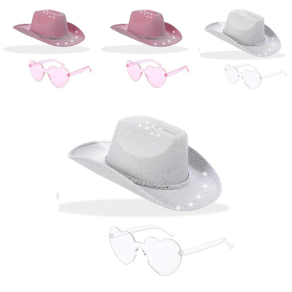 Halloween Party Silver Pink Glitter Diamond Stripe Cowboy Hat With Goggles For Costumes And Celebrations