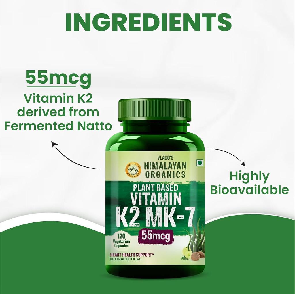Vlado's Himalayan Organics Vitamina K2 MK-7 55Mcg Integratore a Base Vegetale per Ossa e Cuore Forti, 120 Capsule Vegetali