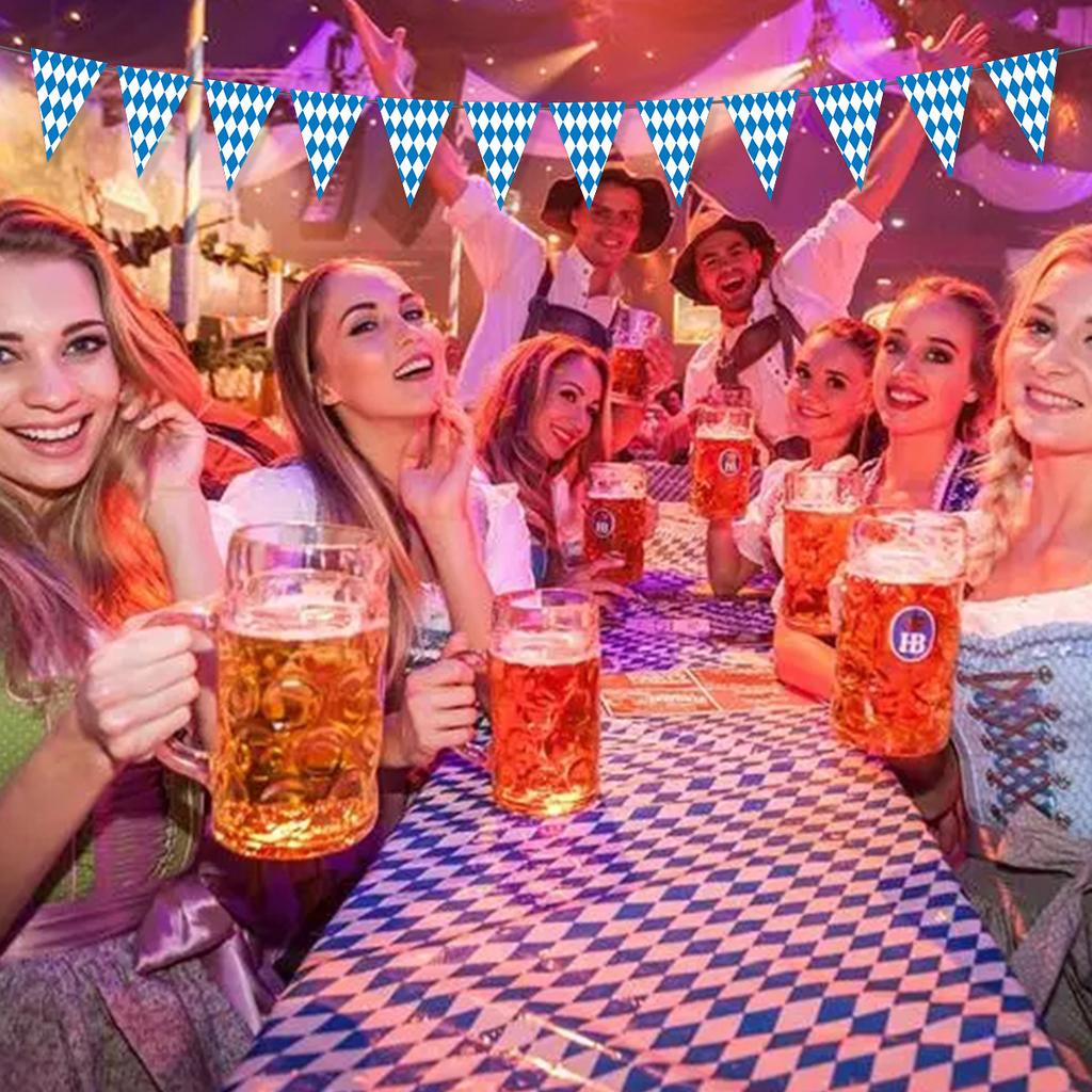 German Oktoberfest Party Venue Decoration Blue Rhombus Plaid Pennant Flag Wine Glass Flag
