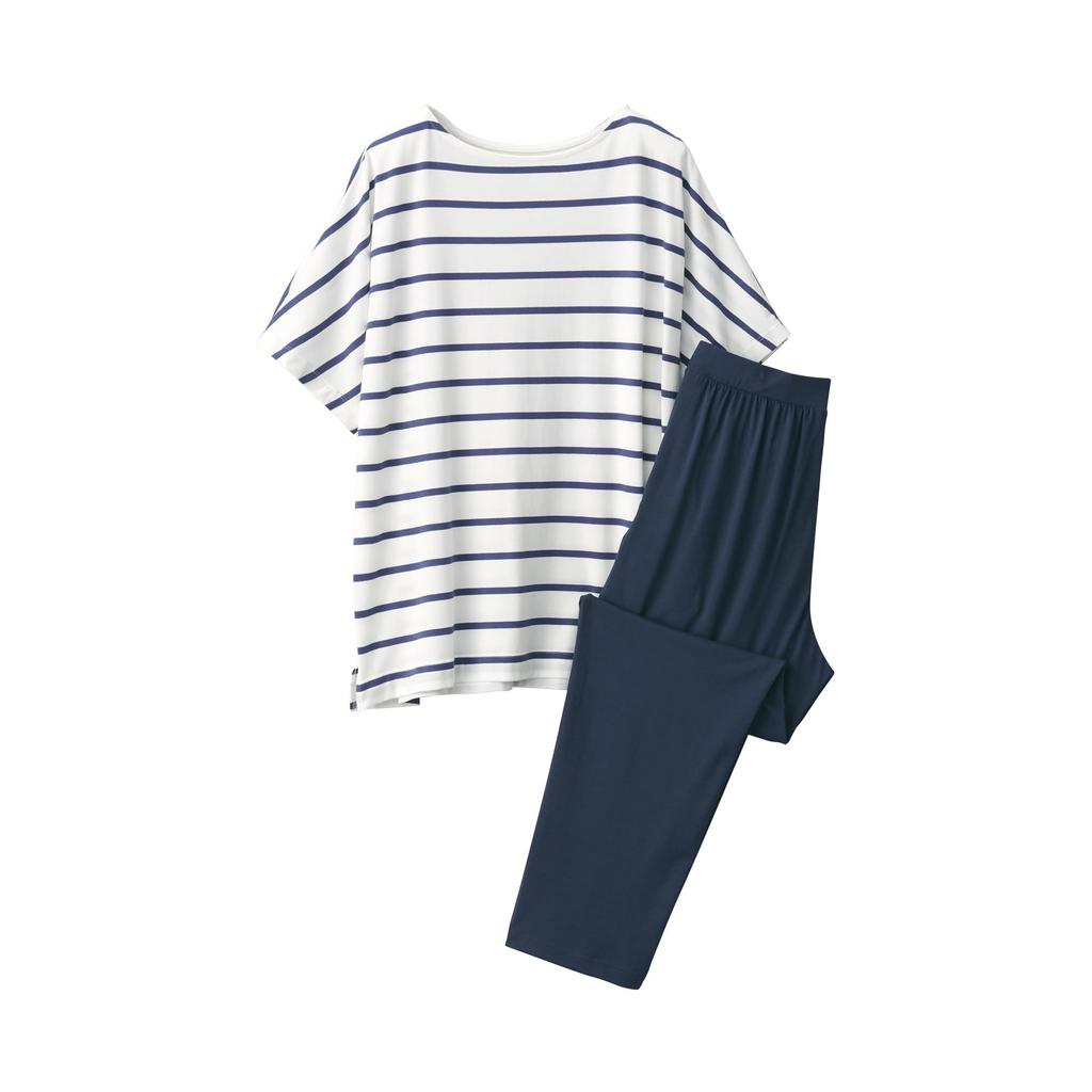 MUJI Smooth and Cool Short Sleeve Loungewear Blue Size FD1LBA5S Women's Set, Striped, Small,