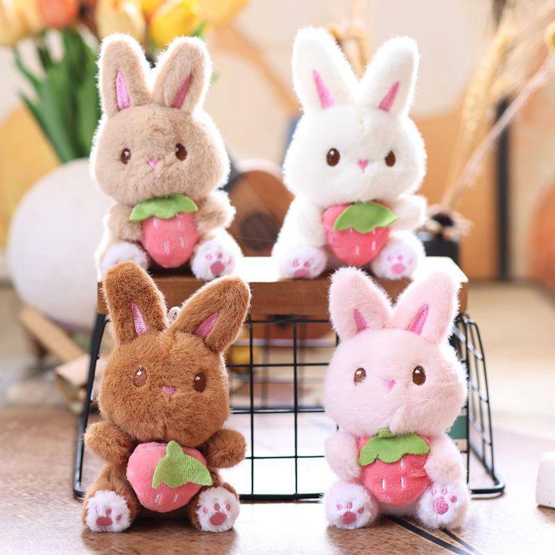 Cute Strawberry Bunny Plush Keychain Cartoon Stuffed Doll Keyring Student Bag Pendant Backpack Hanging Decoration Gifts