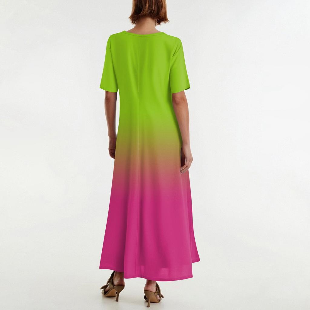 Women's Fashionable And Casual Long Beach Skirt Round Neck Short Sleeved Loose Retro Print Dress