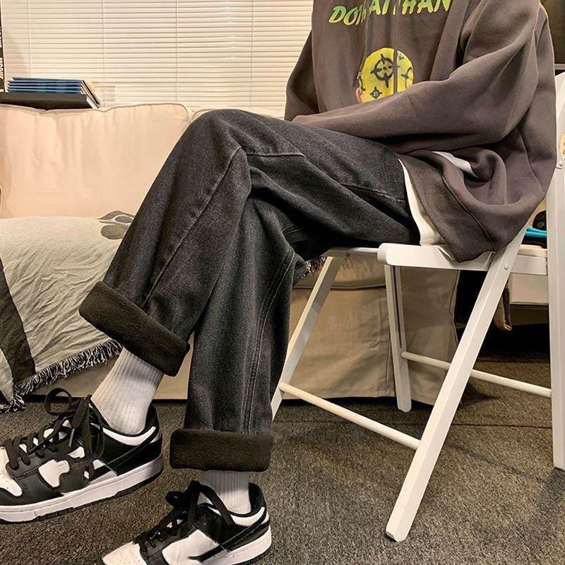 Streetwear Vintage Fleece Lined Thickened Washed Jeans Women Y2K High Waist Loose Straight Trousers Casual Jeans