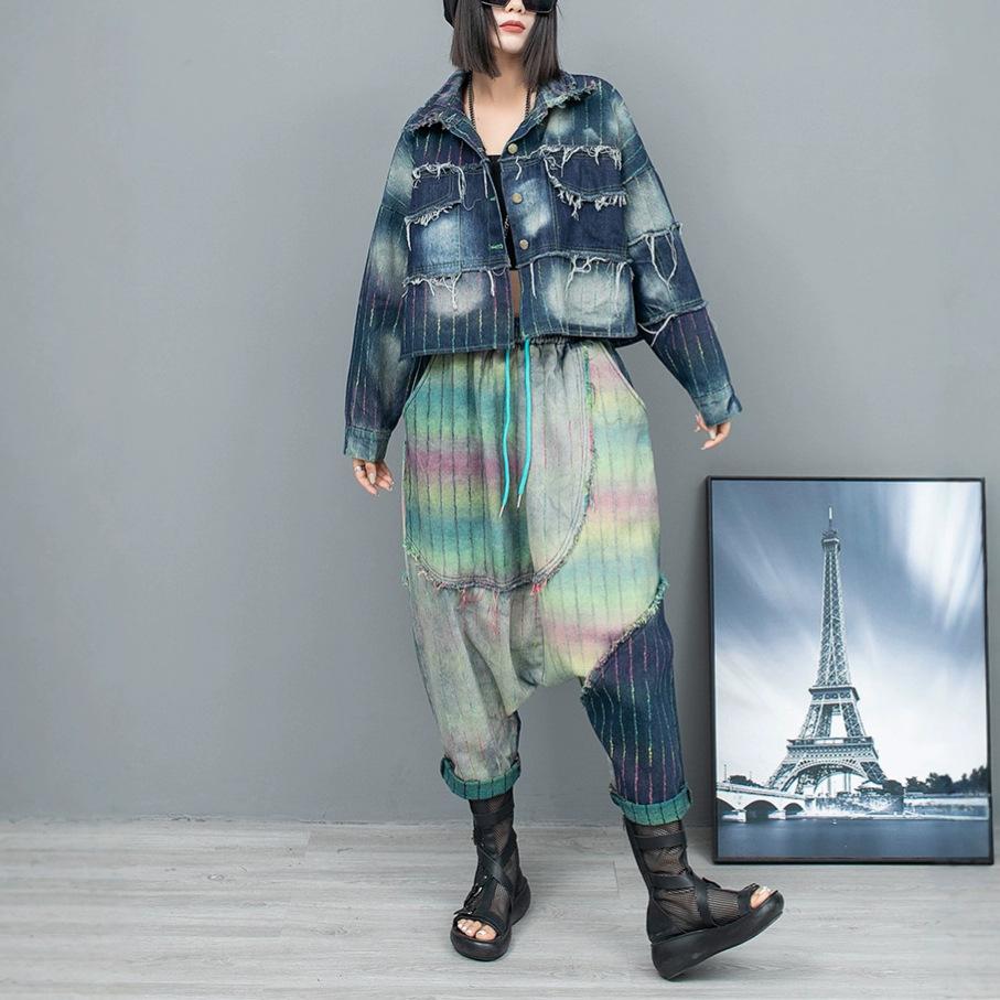 Do Old Color Strips Denim Lapel Collar Long-sleeved Short Jacket Large Crotch Pants Two-piece Set Women's Spring and Autumn Fashion Suit European Good