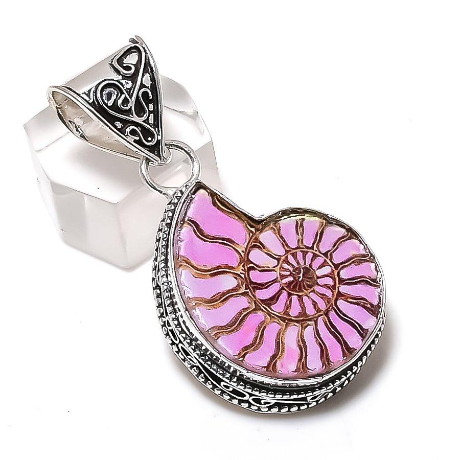 Natural Ammonite Fossil Gemstone 925 Sterling Silver Jewelry Pendant 1.89" M1b20