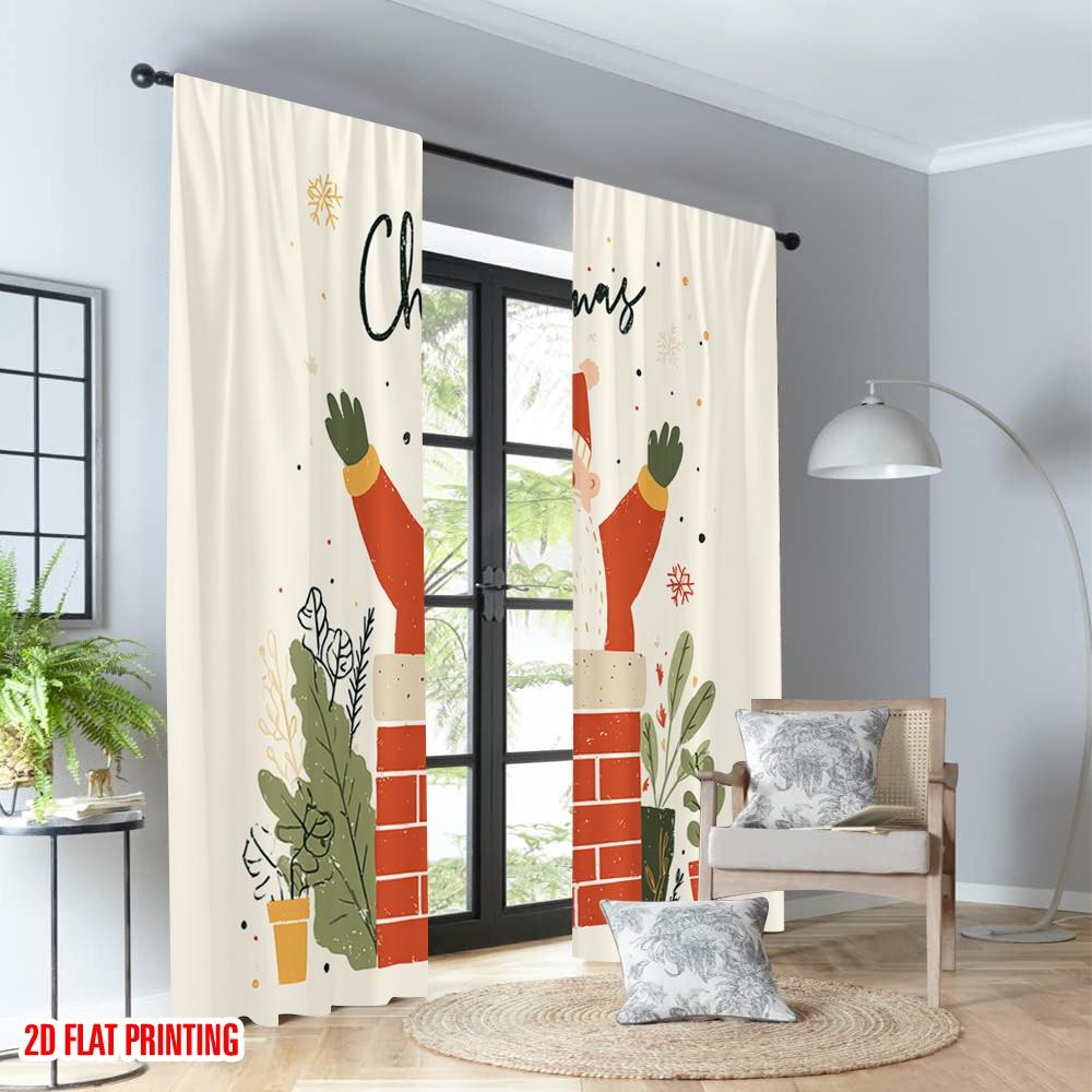 2pcs 2D flat printing Christmas Party Curtains Christmas Santa chimney gift Digital Printed Polyester Drapes Festive Wall Decor