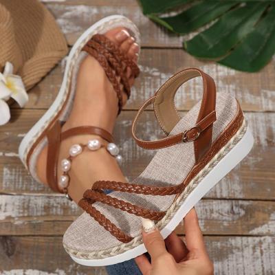 Vintage Brown Pu Weave Straps Sandals Women Bohemia Platform Wedge Heels Shoes Women Comfortable Daily Shoes Plus Size 36-43