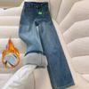 Warm High-waisted Jeans Women's Thickened Plus Velvet Straight Loose Narrow Version Retro Wide-leg All-match Long Pants Winter