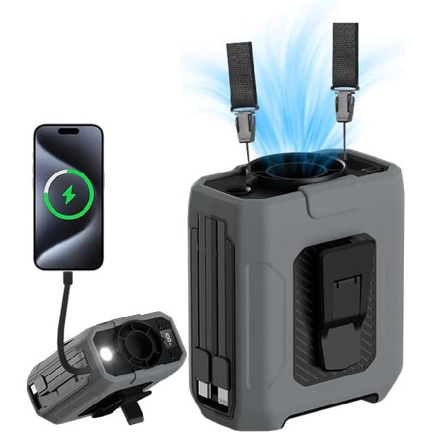 Portable Waist Fan, Built-in Cable 10000mAh Rechargeable, Wearable Personal Shirt Fan, 5-Speeds 16000RPM Strong Airflow, 35H Cooling with Light, Neck