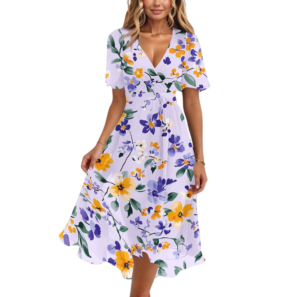 Women V Neck Short Sleeve Casual Dress Vintage Floral Print Midi Dress with Wrap Style and Flared Hem Suitable for Daily Wear