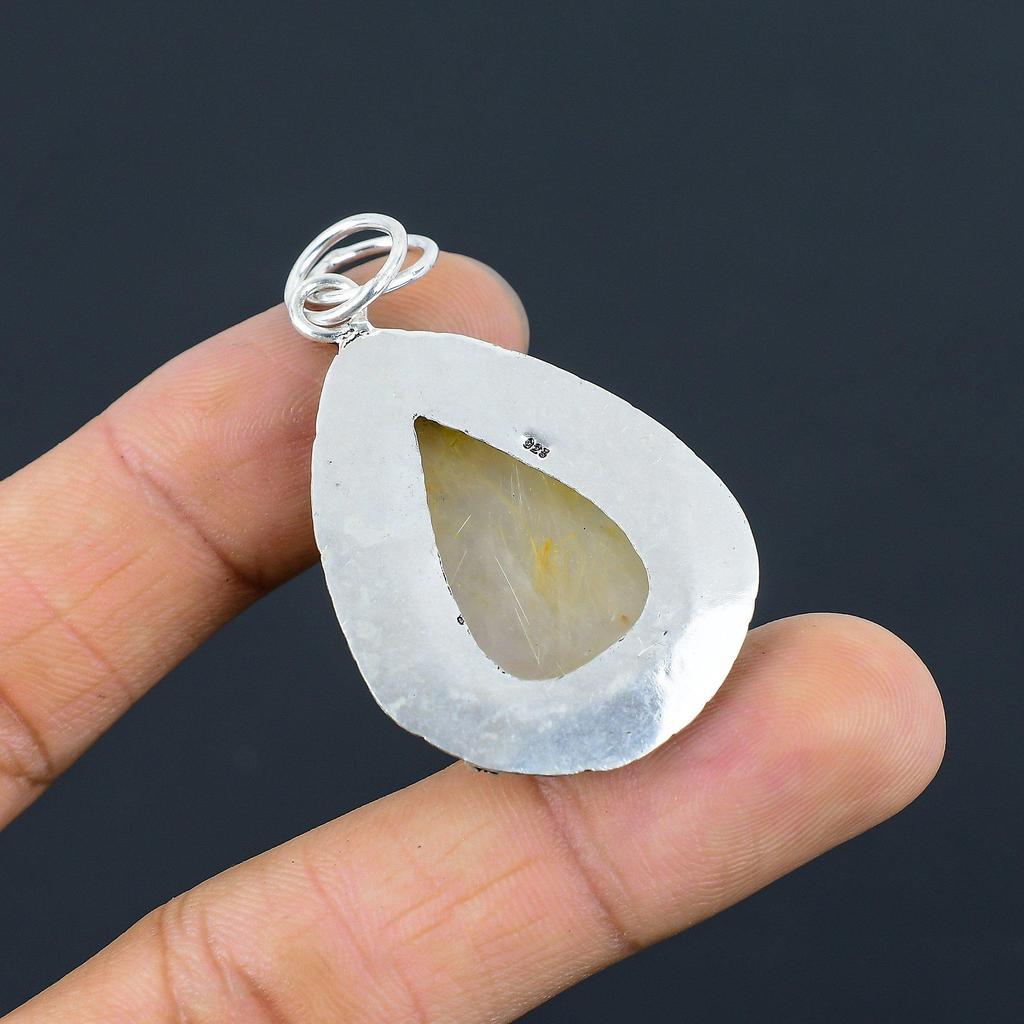 Mothers Day Deal Natural Golden Rutile 925 Sterling Silver Ethnic Wife Pendant