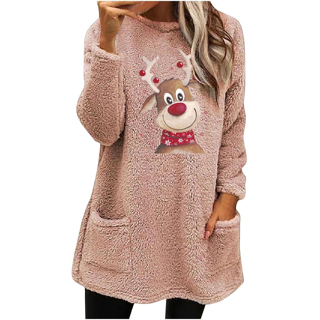 Women's Christmas Elk Print Long Sleeve Pocket Hoodie - Casual Loose Fit for Autumn/Winter