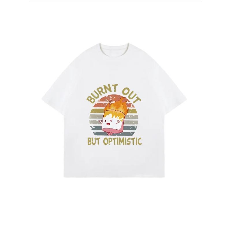 White T-Shirt With Burnt Out But Optimistic Cartoon Marshmallow Print For Casual Wear