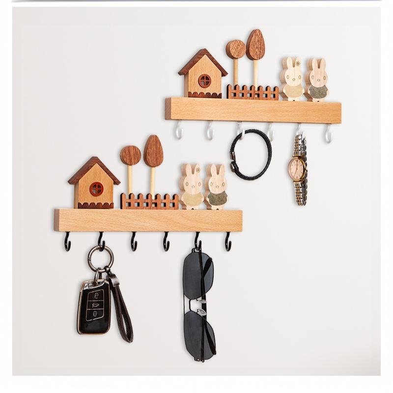 Nordic Style Solid Wood Key Hook Rack Punch Free Wall Mount Holds Keys Coats Towels for Bedroom Entryway Decor