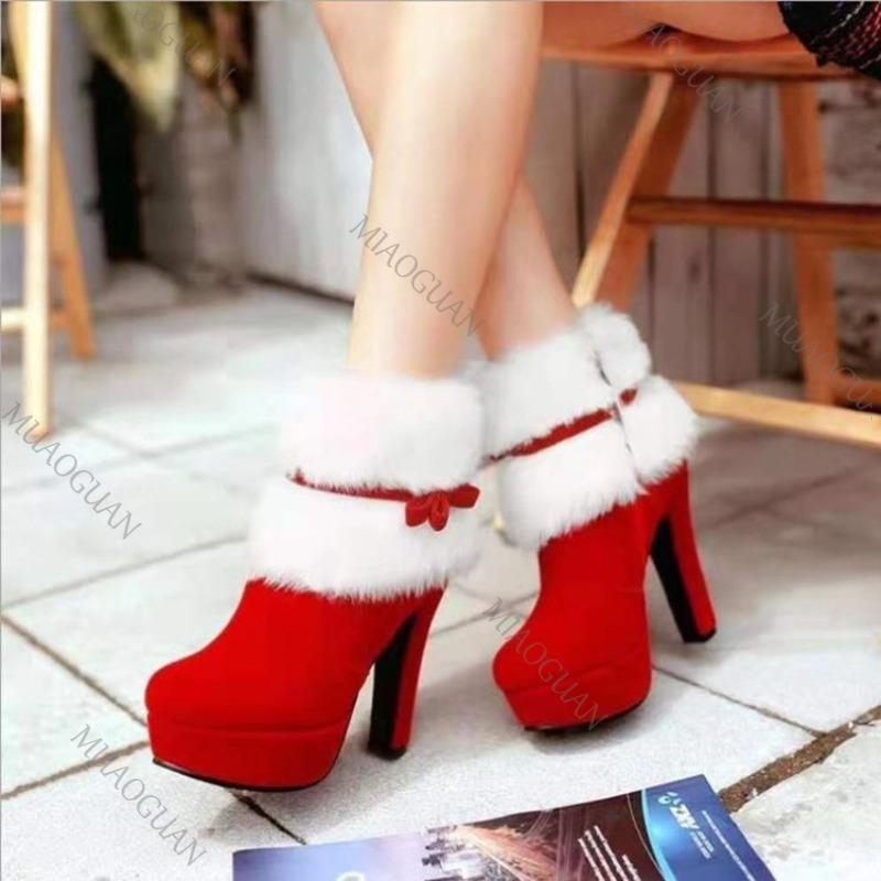 Platform Winter Ankle Boots Women Suede Chunky High-heeled Fashion Women Shoes Furry Collar Bow Side Zipp Warm Fur Short Botas