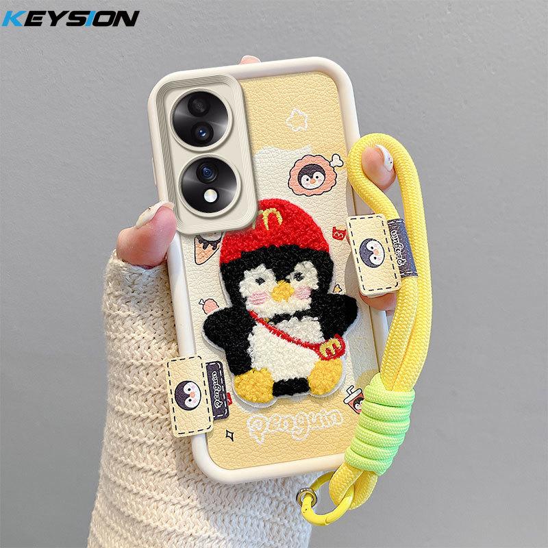 KEYSION Cartoon Cute Plush Embroidery Case for HONOR 70 5G with Lanyard Silicone Shockproof Phone Cover for Huawei Honor 70