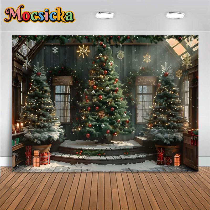 Vánoční strom Velké pozadí Fotografie Santa Claus Dárek Domácí lampa Sněhová vločka Dům Pozadí Dekorace Večírkové rekvizity Studio Fotorozóna