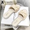 Fashion Bling Bling Crystal Flat Slippers Woman Brand Designer Knitted&Chains Flip Flops Shoes Ladies Beach Sandals Comfy Plaid Slides