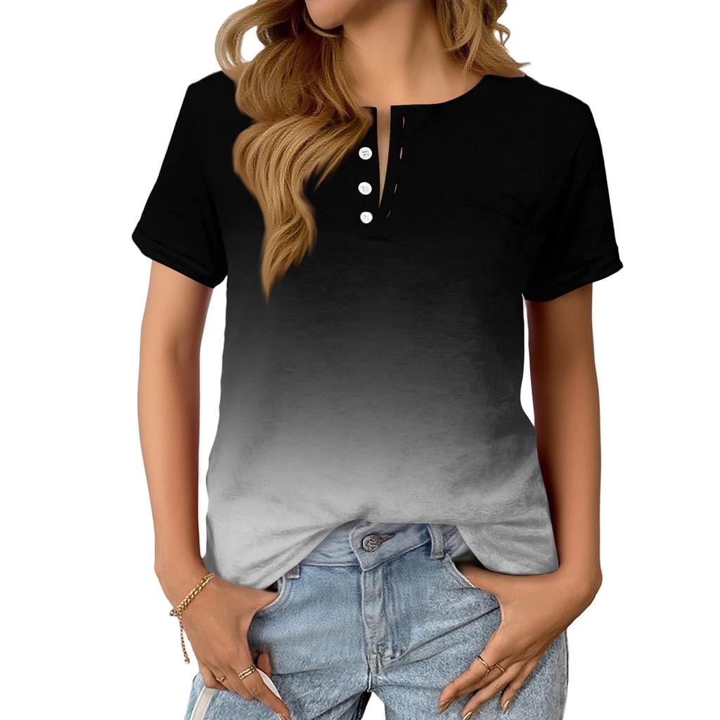 Women's Fashionable Casual Summer Gradient V-neck Button Short-sleeved Top