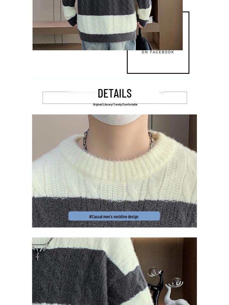 Men's Trendy Striped Cable Knit Sweater - Autumn/Winter 2025 Loose Warm Woolen Base Layer.
