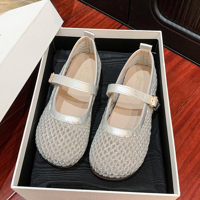 2025 summer new single shoes women's one-word buckle fishing net shoes hollow breathable Mary Jane shoes