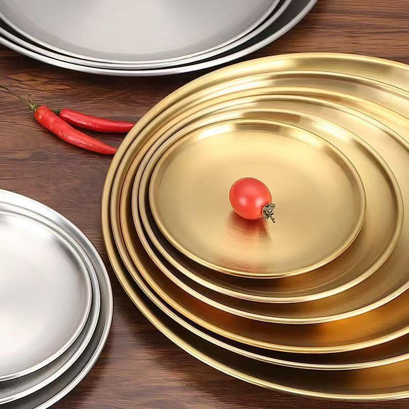 2/4 Stück Edelstahlplatten 4 Größen Runde Geschirr Wiederverwendbares Serviertablett für Pizza Dessert Steak Mehr Haus Picknick BBQ Geschirr