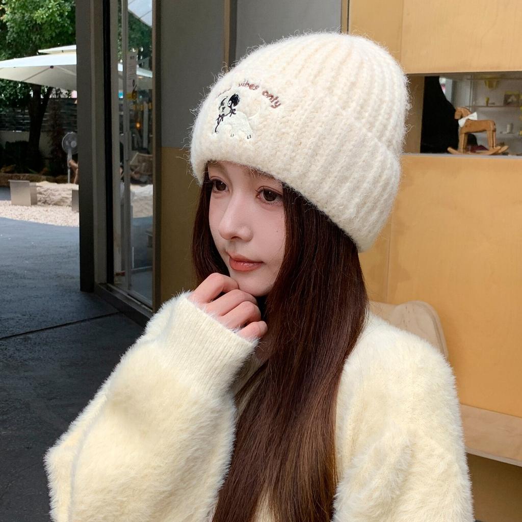 Cute Puppy Knitted Hat Autumn and Winter Face Small Hat Women's Lazy Wind Wool Hat Warm Ear Protection Cold Hat
