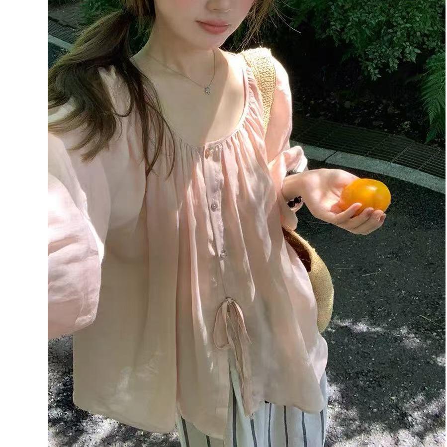 Korean Reversible Ramie Loose Tie-Up Shirt S