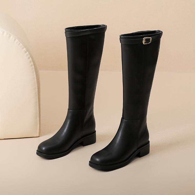 Krazing Pot Cow Split Skin Round Toe Med Heels Knight Boots Size 46 Size 45 Slip On Plus Size Women Metal Buckle Thigh High Boots