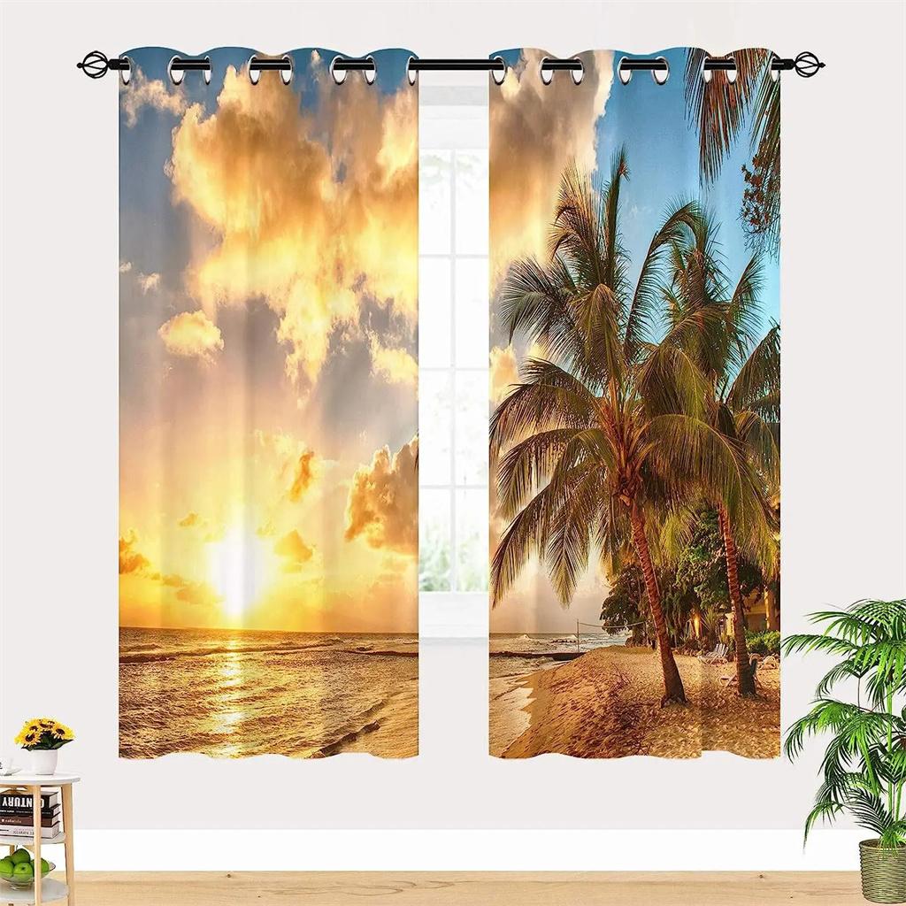 Fenstervorhang mit Sommer-/Strand-/Seestern-/Meeres-/Naturhimmel/Baum-Ansicht für Wohnzimmer, Kinder, Schlafzimmer, Badezimmer, Küchentür, Heimdekoration, 2 Stück