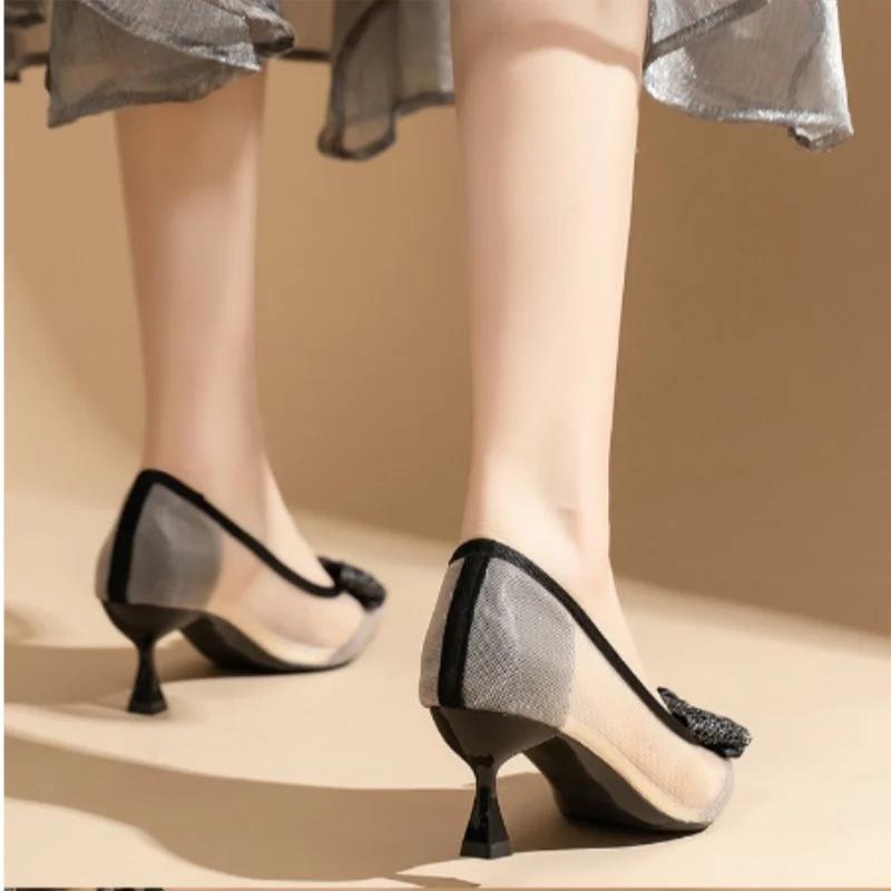 Pointy High Heels Women's Shoes Spring and Summer New Style with Bow Mesh Fine Heels Fashion Shoes Breathable Women's Net Shoes