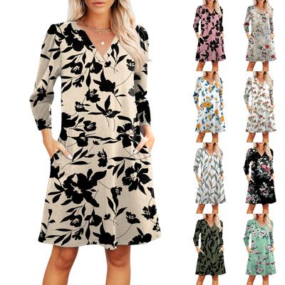 Women's Fashion V-neck Casual Beach Dress Three-quarter Sleeves Floral Print Dress