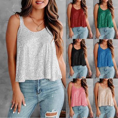 Modisches, lässiges, ärmelloses Tanktop mit Rundhalsausschnitt und einfarbigen Pailletten für Damen