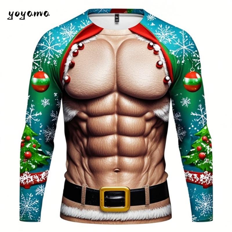 Zabawne brzydkie koszulki z nadrukiem 3D z fałszywymi mięśniami Świętego Mikołaja Xmas Męskie Damskie Koszulki z długim rękawem Moda Oversize Świąteczna odzież męska