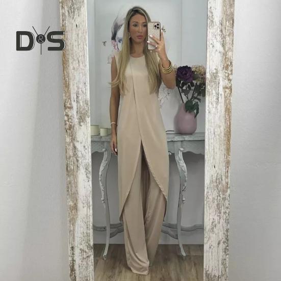 2 Pcs/Set Women Top Pants Set Irregular Hem Wide Leg Solid Color Soft Round Neck Loose Sleeveless Long Blouse Trousers Set