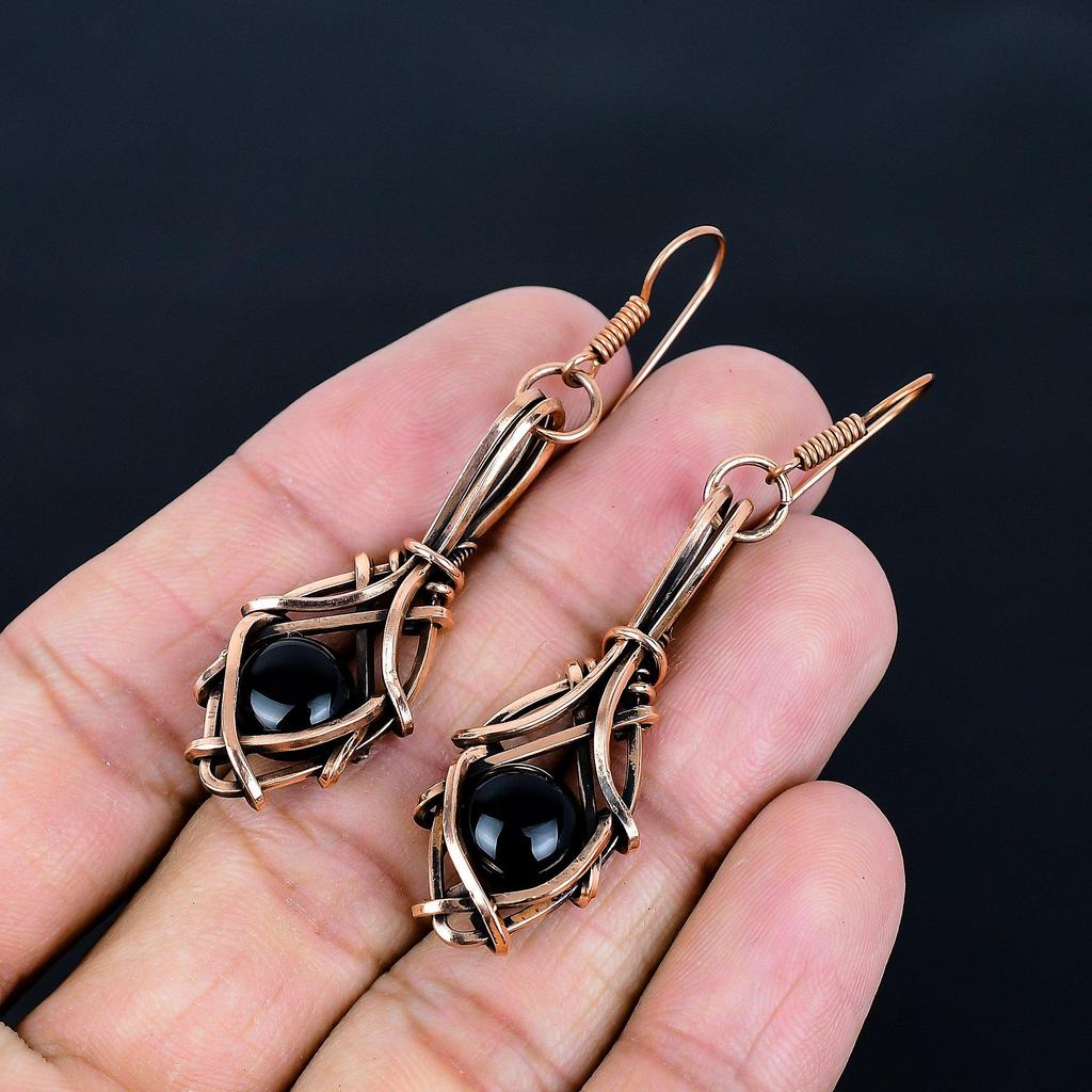 Black Onyx 999 Copper Wire Wrapped Earrings, Handmade Gemstone Jewelry Earrings For Memorial Day