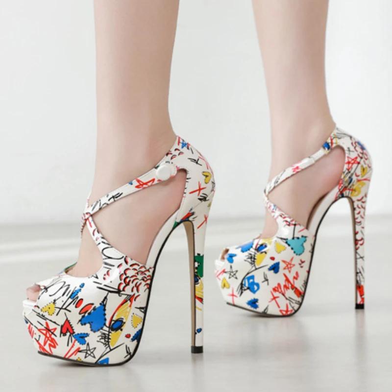 Marka Tasarımı El Boyaması Deri Platform Topuklu Ayakkabılar Kadın Seksi Açık Burun 16CM Ekstrem Yüksek Topuk Stiletto Parti Ziyafet Ayakkabıları